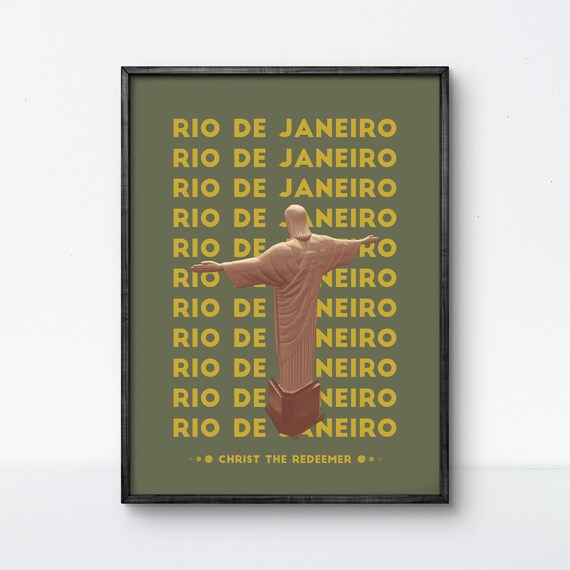 Rio De Janeiro Christ Redeemer Olive Vintage Typography Poster