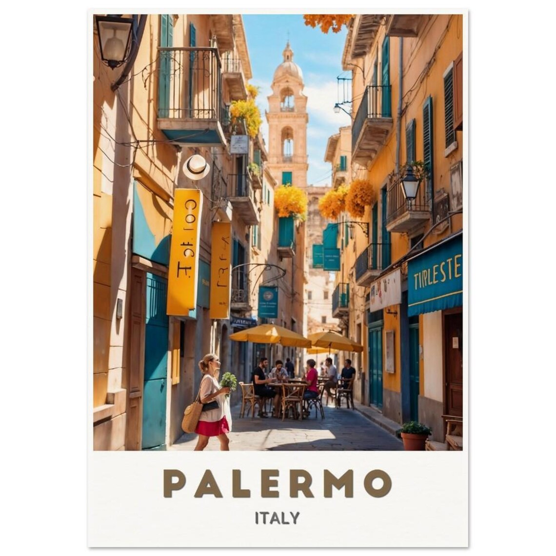 Palermo Italy Vibrant Street Scene Cafe Bell Tower Art Poster
