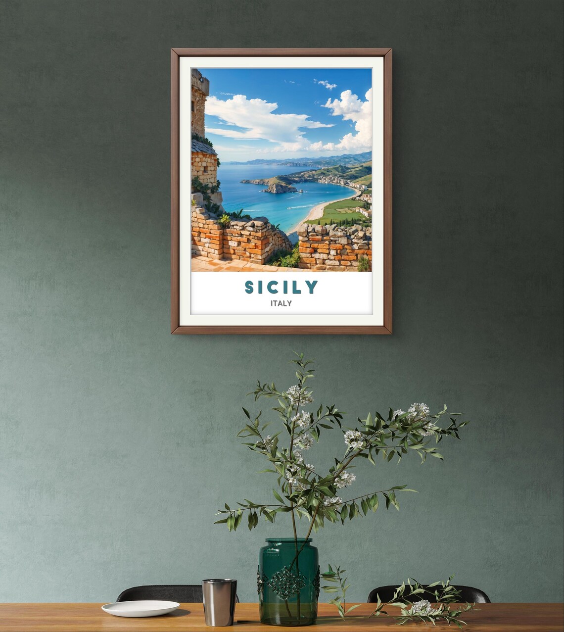 Sicily Italy Turquoise Bay Coastal View Stone Terrace Poster - Image 2
