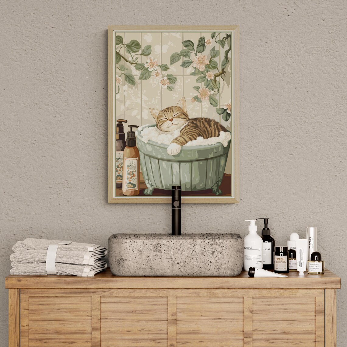 Tabby Cat Relaxing In Bubble Bath Floral Vintage Wall Poster - Image 3