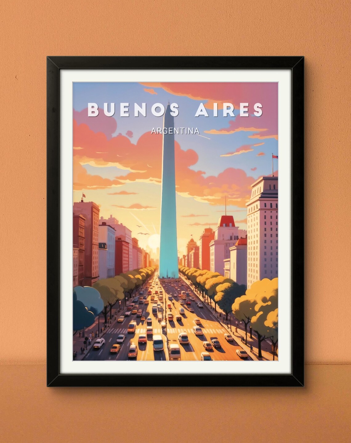 Buenos Aires Obelisk Sunset Avenue Colorful Cityscape Travel Poster - Image 2