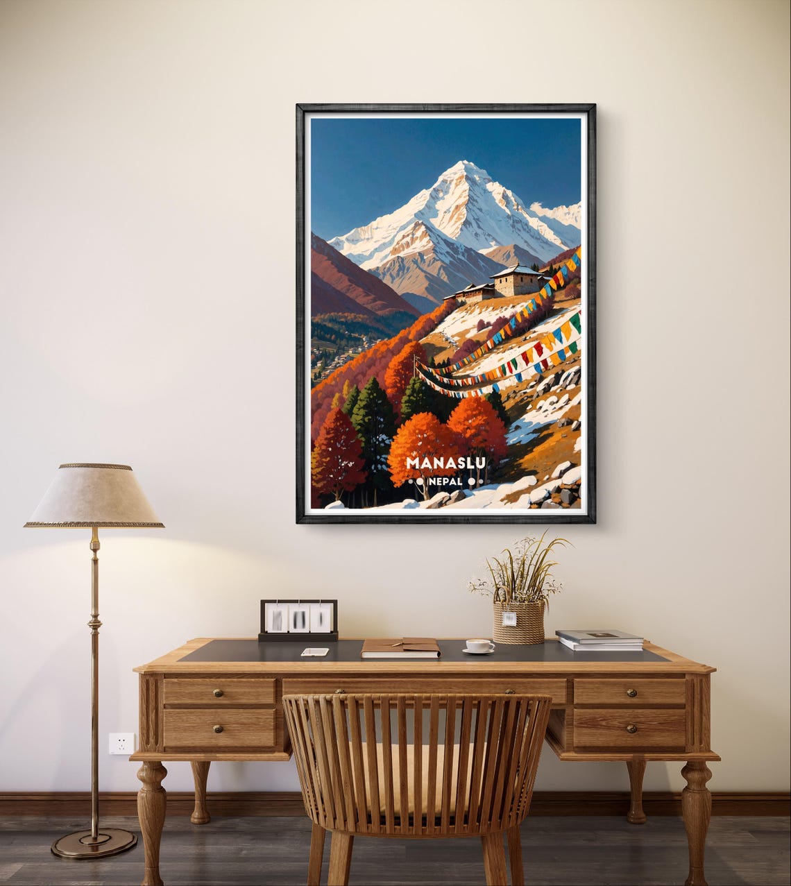 Manaslu Mountain Autumn Red Forest Prayer Flags Nepal Poster - Image 4