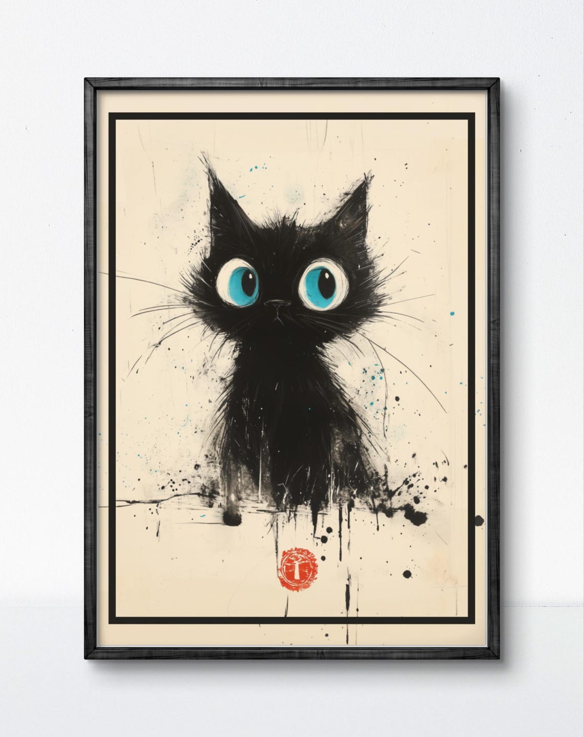 Wide Eyed Black Kitten Ink Splatter Minimalist Cat Art Poster