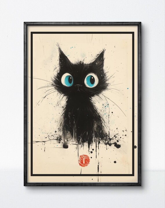 Wide Eyed Black Kitten Ink Splatter Minimalist Cat Art Poster