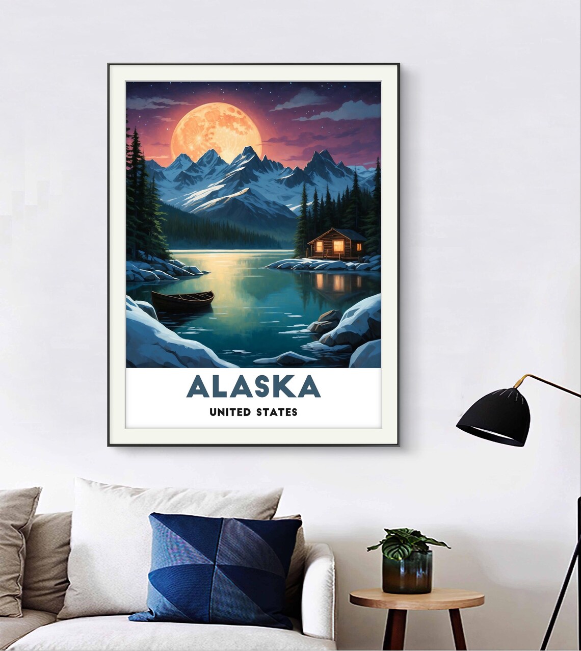 Alaska United States Moonlit Lake Cabin With Snowy Peaks Travel Poster - Image 2