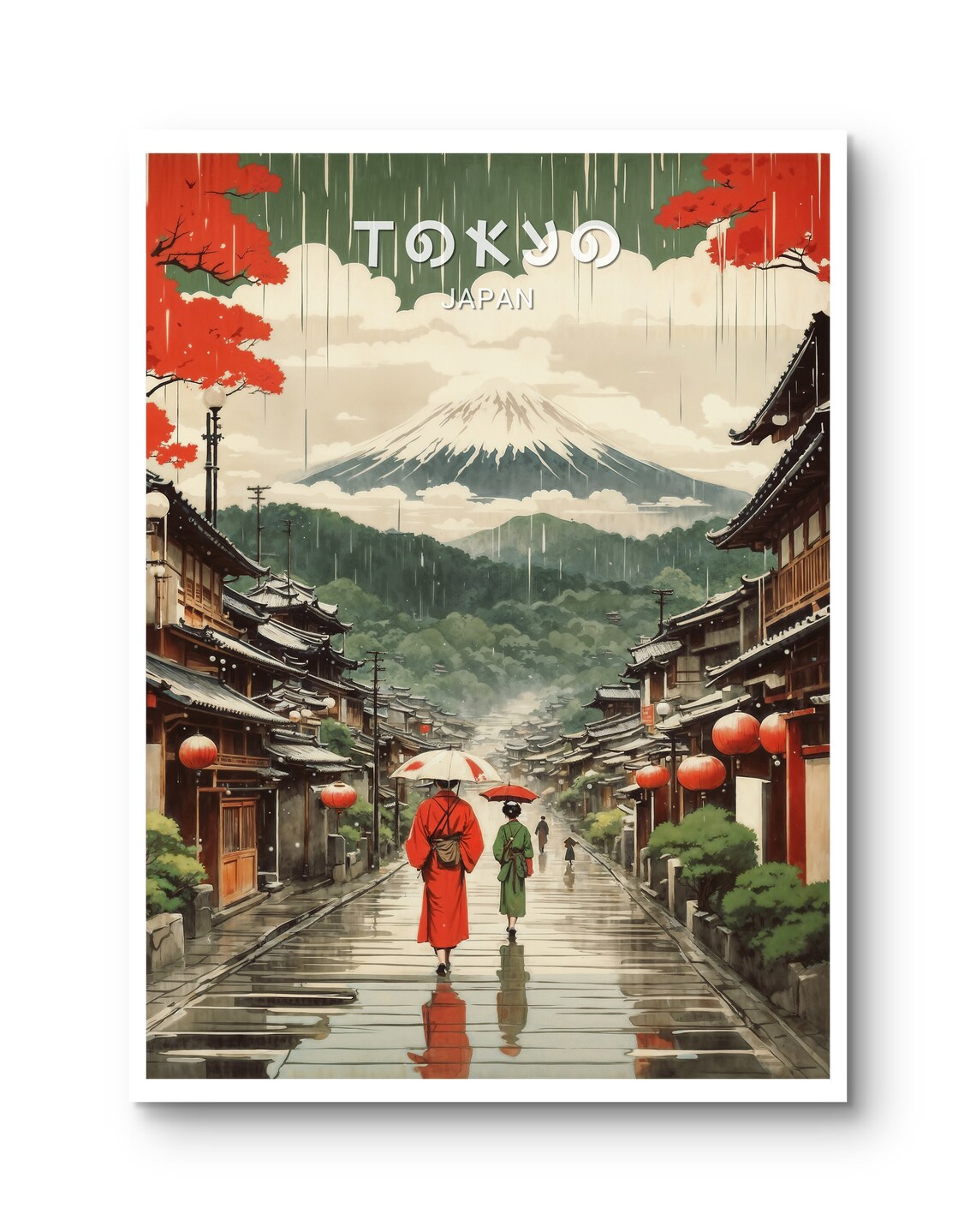 Japan Rainy Traditional Street Mount Fuji Kimono Vintage Travel Poster