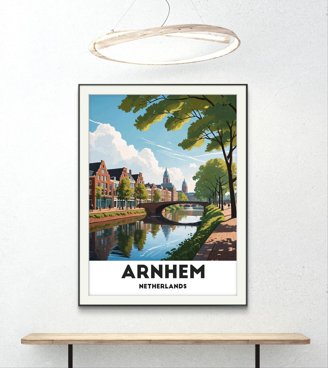 Arnhem Netherlands Canal Brick Houses Bridge Sunny Day Travel Poster