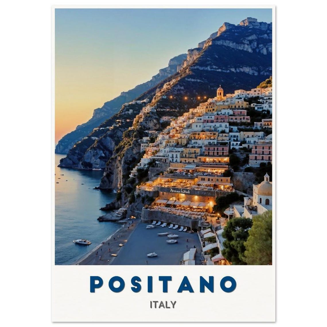 Positano Italy Amalfi Coast Evening Lights Cliff Town Travel Poster