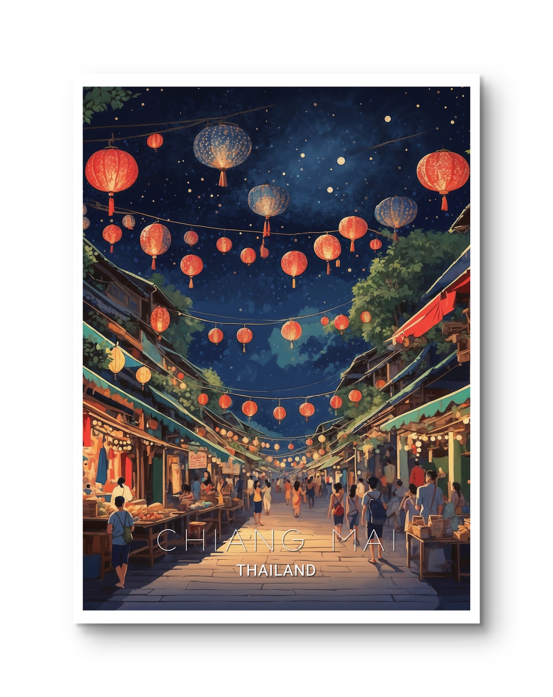 Chiang Mai Thailand Night Market Lanterns Starry Sky Art Poster