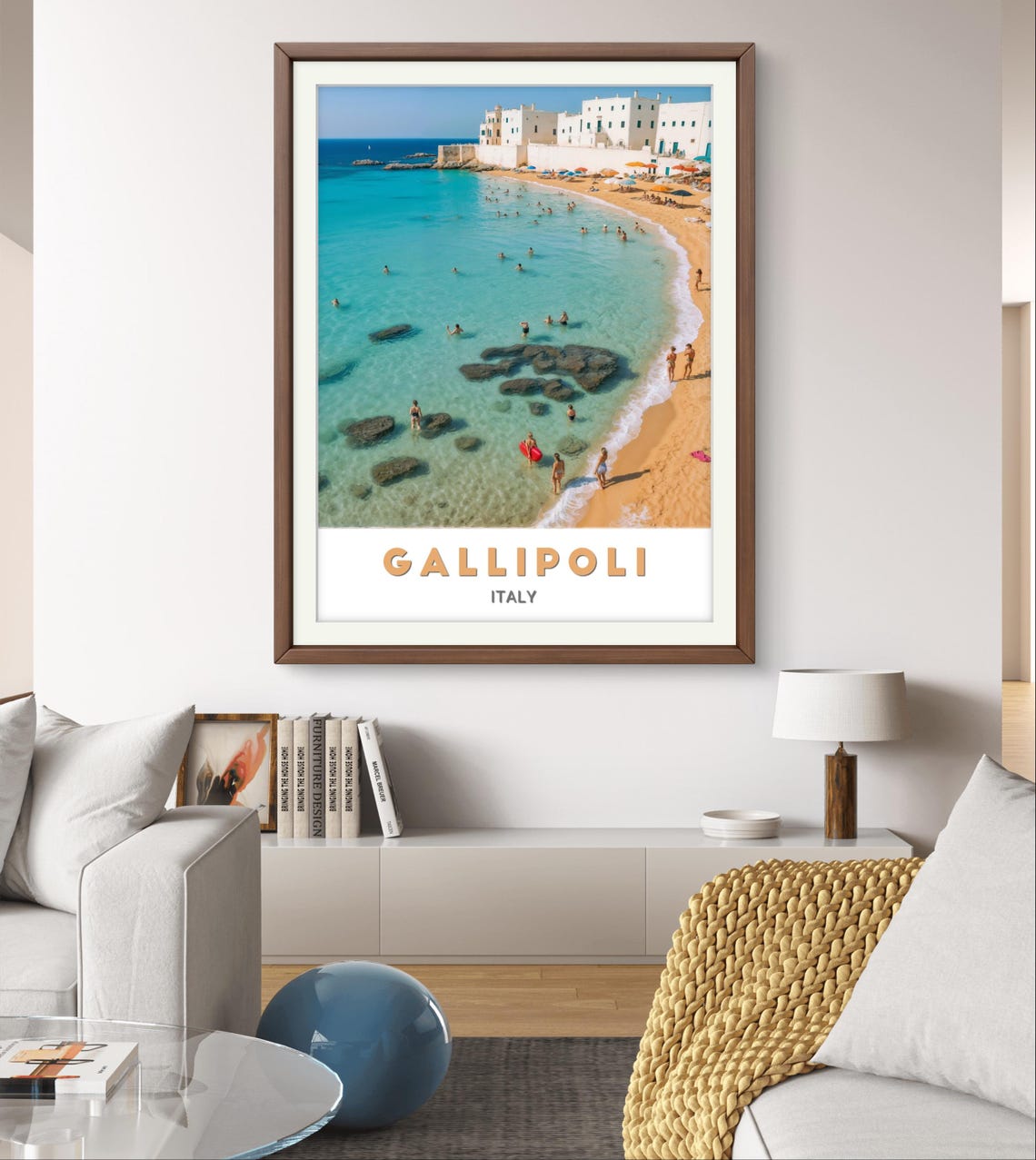 Gallipoli Italy Sunny Beach Swimmers Whitewashed Town Art Poster - Image 2