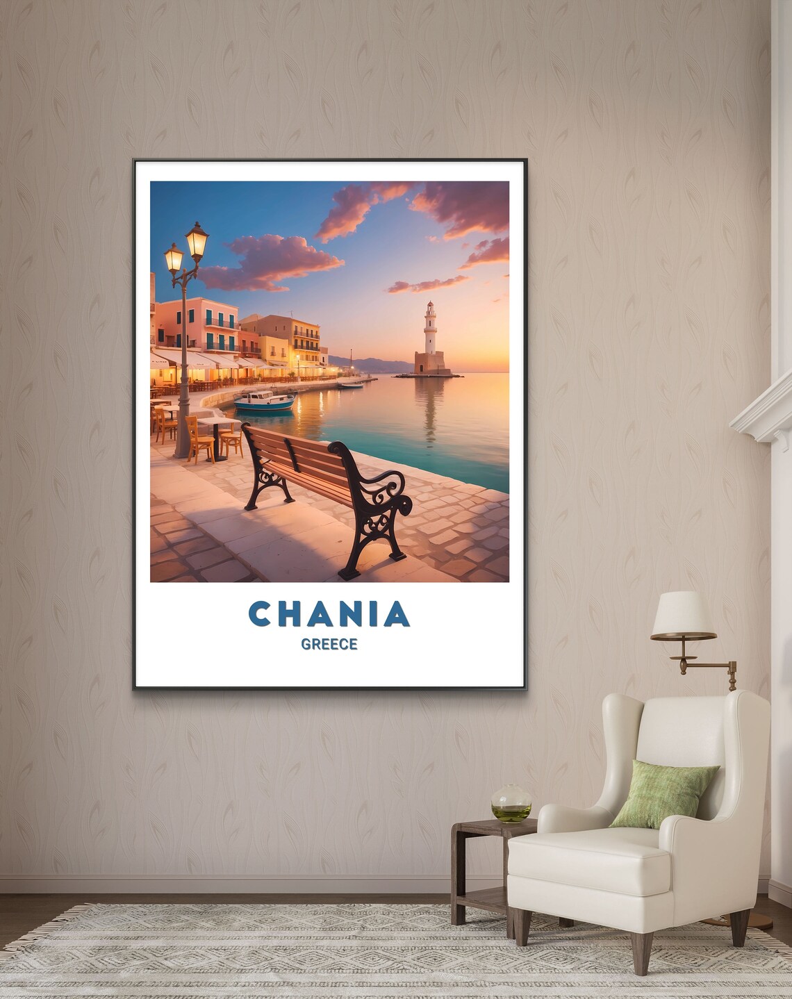 Chania Greece Sunset Harbor Lighthouse Old Town Crete Travel Poster