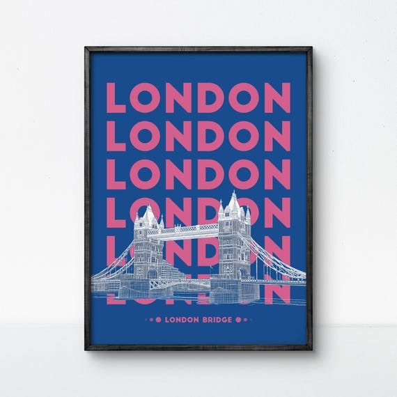 Vibrant London Bridge Poster Bold Blue And Pink Typography Wall Art Modern Uk Travel Decor