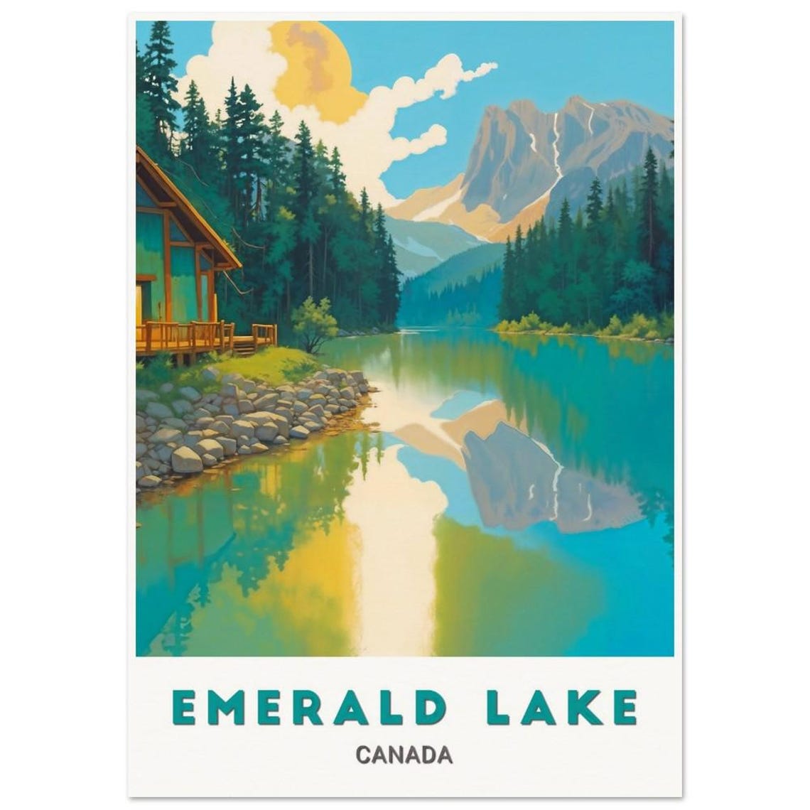 Emerald Lake Canada Lakeside Cabin Mirror Reflection Vintage Poster