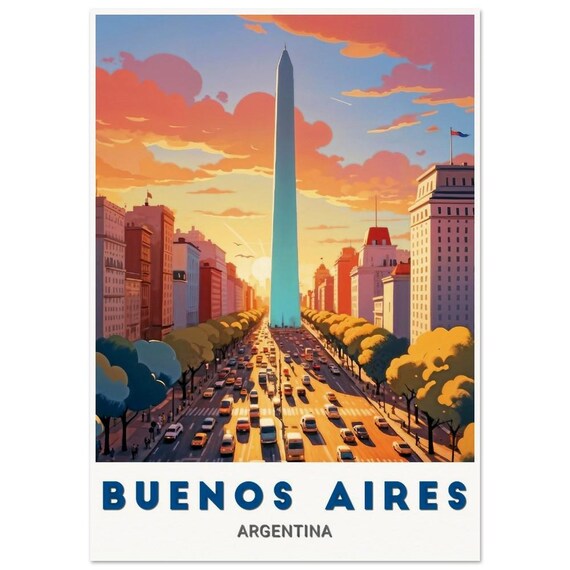 Buenos Aires Obelisk Illustrated Vintage Avenue Travel Poster