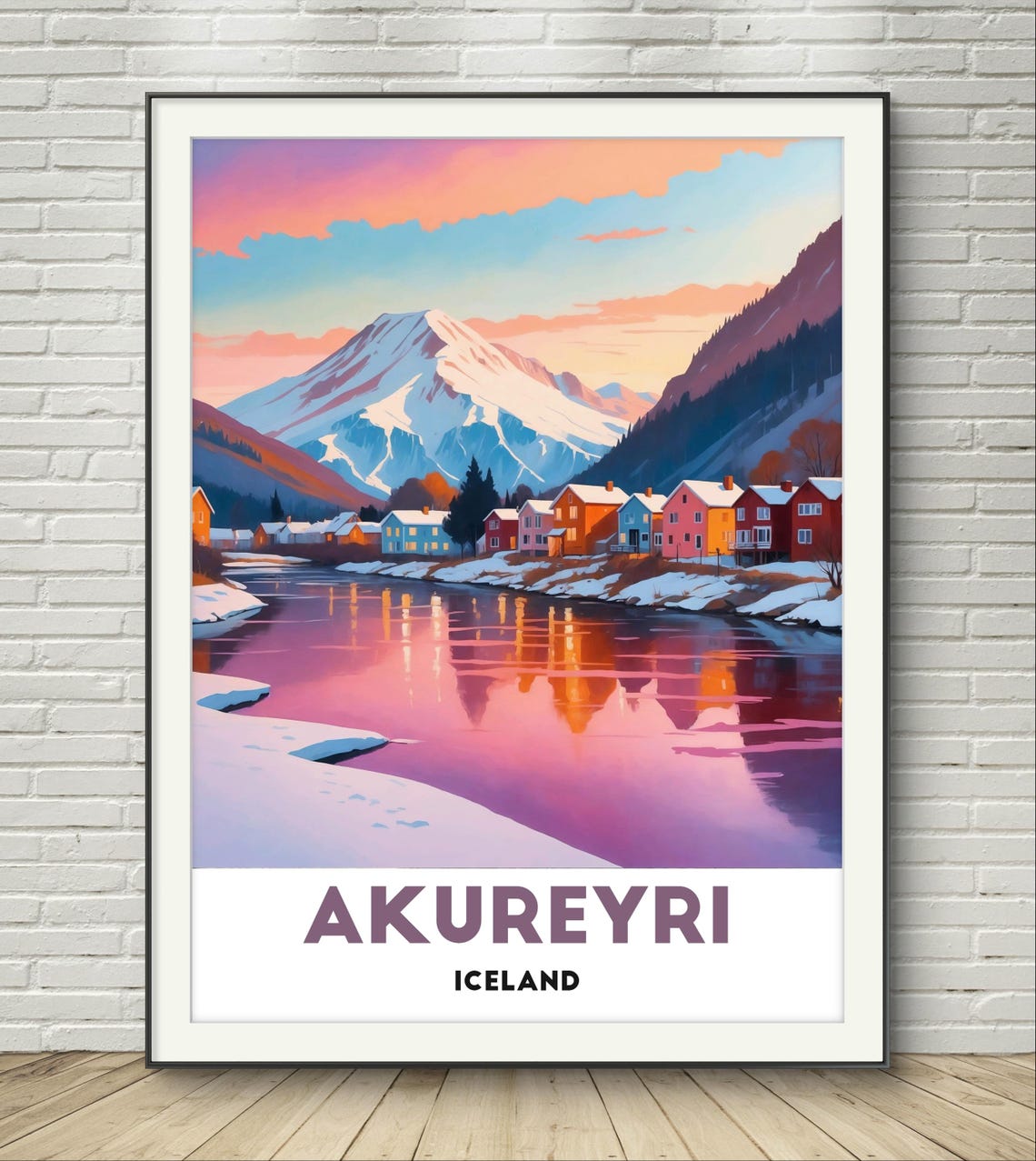 Akureyri Iceland Snowy Nordic Town Winter Reflection Travel Poster