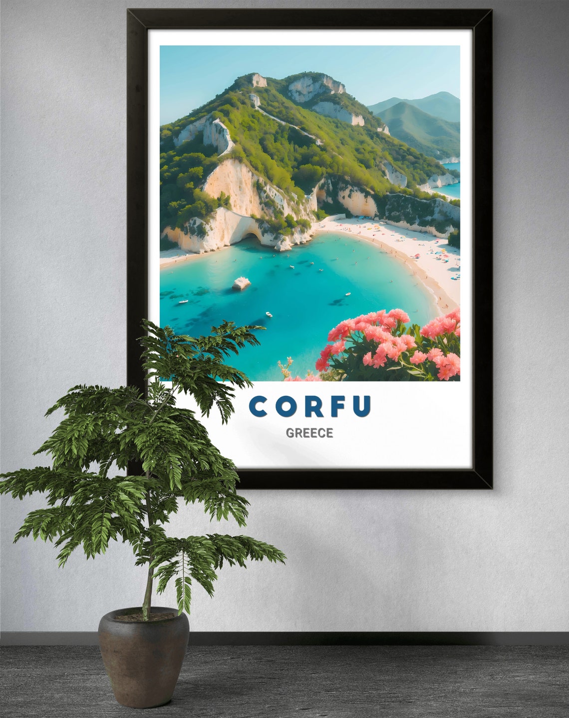 Corfu Turquoise Bay Cliffs White Beach Flowers Greece Poster - Image 3