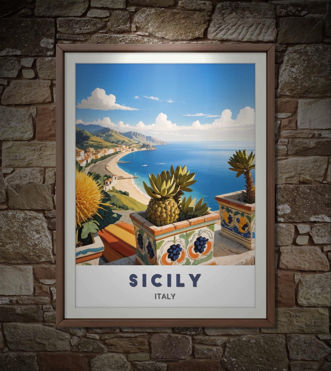 Sicily Coastal Bay Beach Pineapple Ceramic Italy Travel Poster - Image 3