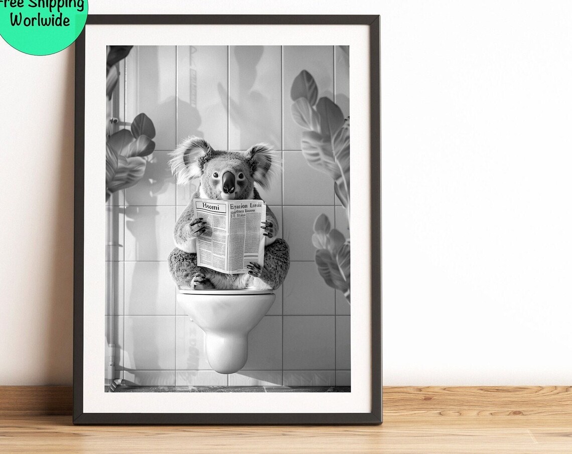 Funny Black and White Koala Poster Reading a Newspaper on a Bathroom Toilet - Image 4