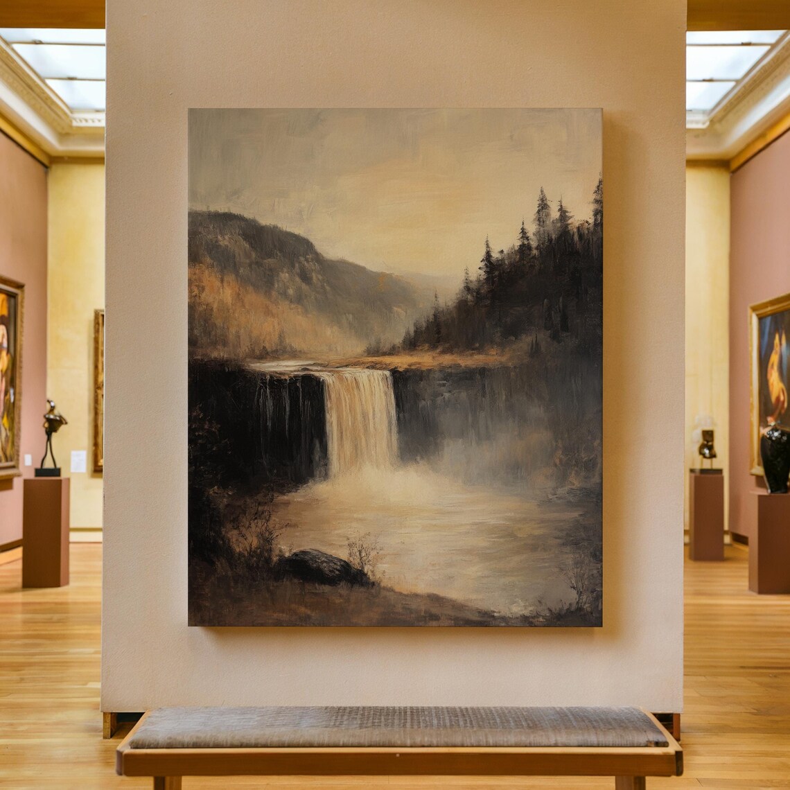 Misty Waterfall Over Dark Cliff Sepia Vintage Moody Landscape Poster