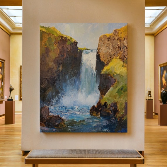 Waterfall Print Waterfall Painting Nature Wall Art Impressionist Landscape Print Rustic Farmhouse Decor Landscape River Artwork