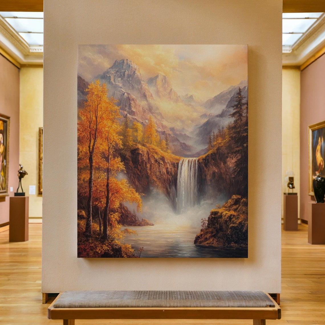 Autumn Mountain Waterfall Poster with Golden Trees and Morning Mist