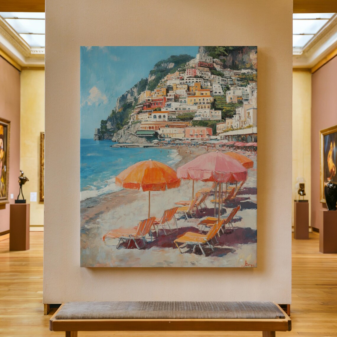 Amalfi Coast Beach Painting Pink Umbrellas Coastal Summer Wall Art