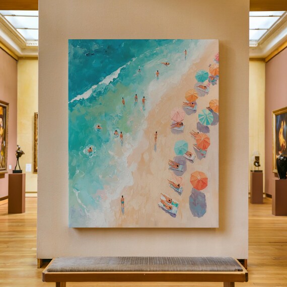 Aerial Beach Umbrellas Turquoise Water Summer Painting Poster