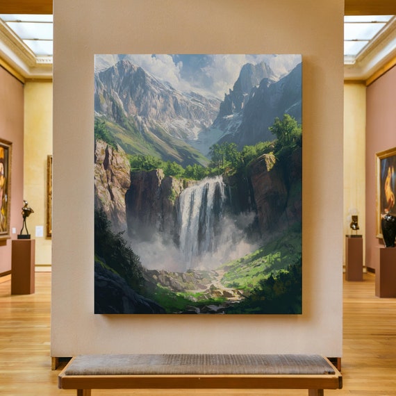 Waterfall Print Mountain Waterfall Forest Landscape Impressionist Oil Painting Nature Waterfall Wall Art Rustic Farmhouse Decor