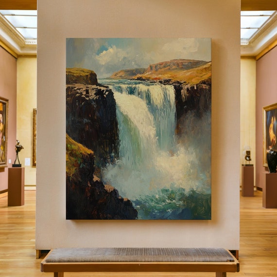 Waterfall Print Waterfall Landscape Painting Mountain Art Impressionist Waterfall Painting Nature Wall Art Farmhouse Wall Decor