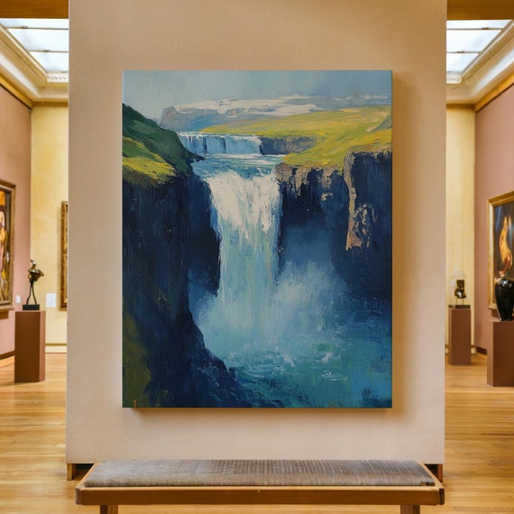 Waterfall Print Mountain Waterfall Painting Nature Wall Art Impressionist Landscape Print Rustic Farmhouse Decor River Artwork