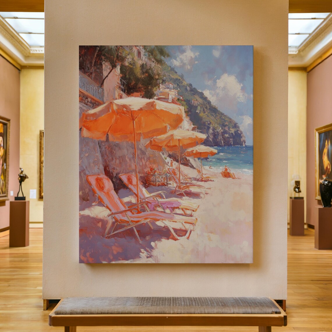 Amalfi Coast Orange Beach Umbrellas And Lounge Chairs Summer Poster