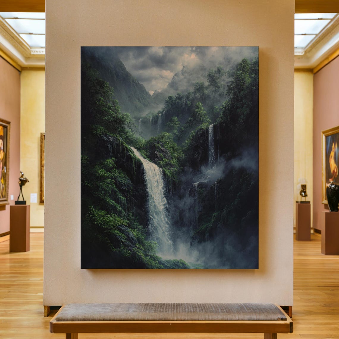 Misty Twin Waterfalls in Dark Rainforest Mountain Gorge Poster