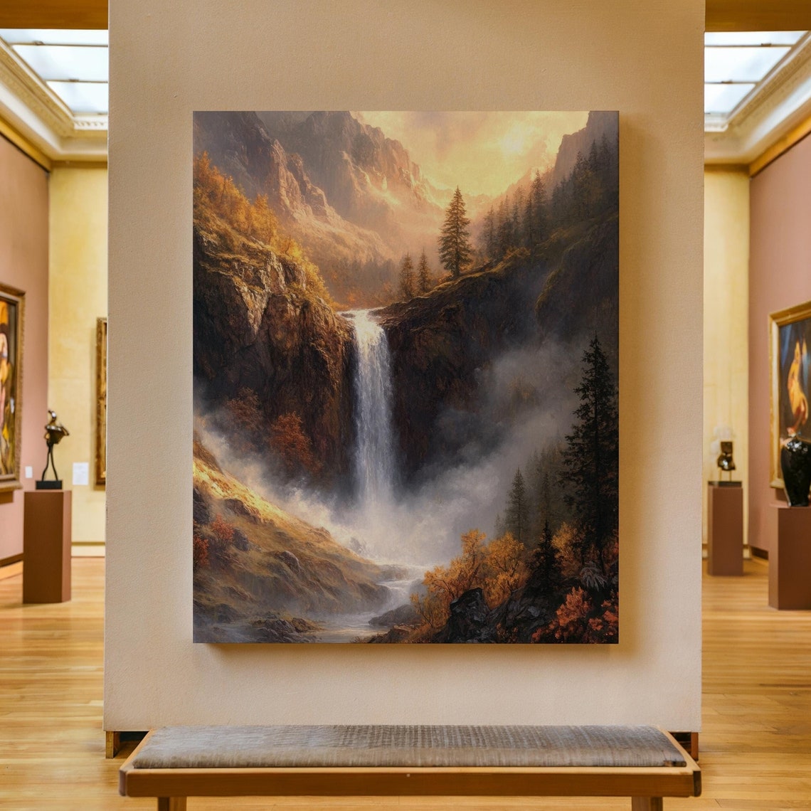 Sunset Mountain Waterfall Misty Autumn Forest Landscape Poster