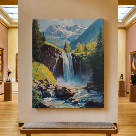 Waterfall Print Mountain Waterfall Forest Landscape Impressionist Oil Painting River Waterfall Wall Art Rustic Farmhouse Decor