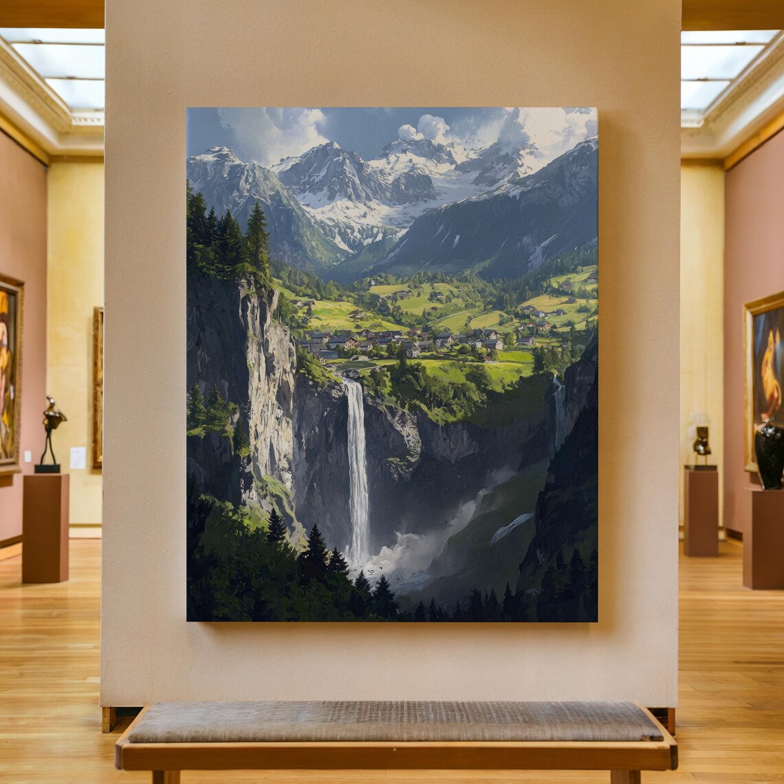 Alpine Waterfall and Village Valley Beneath Snow-Capped Peaks Poster
