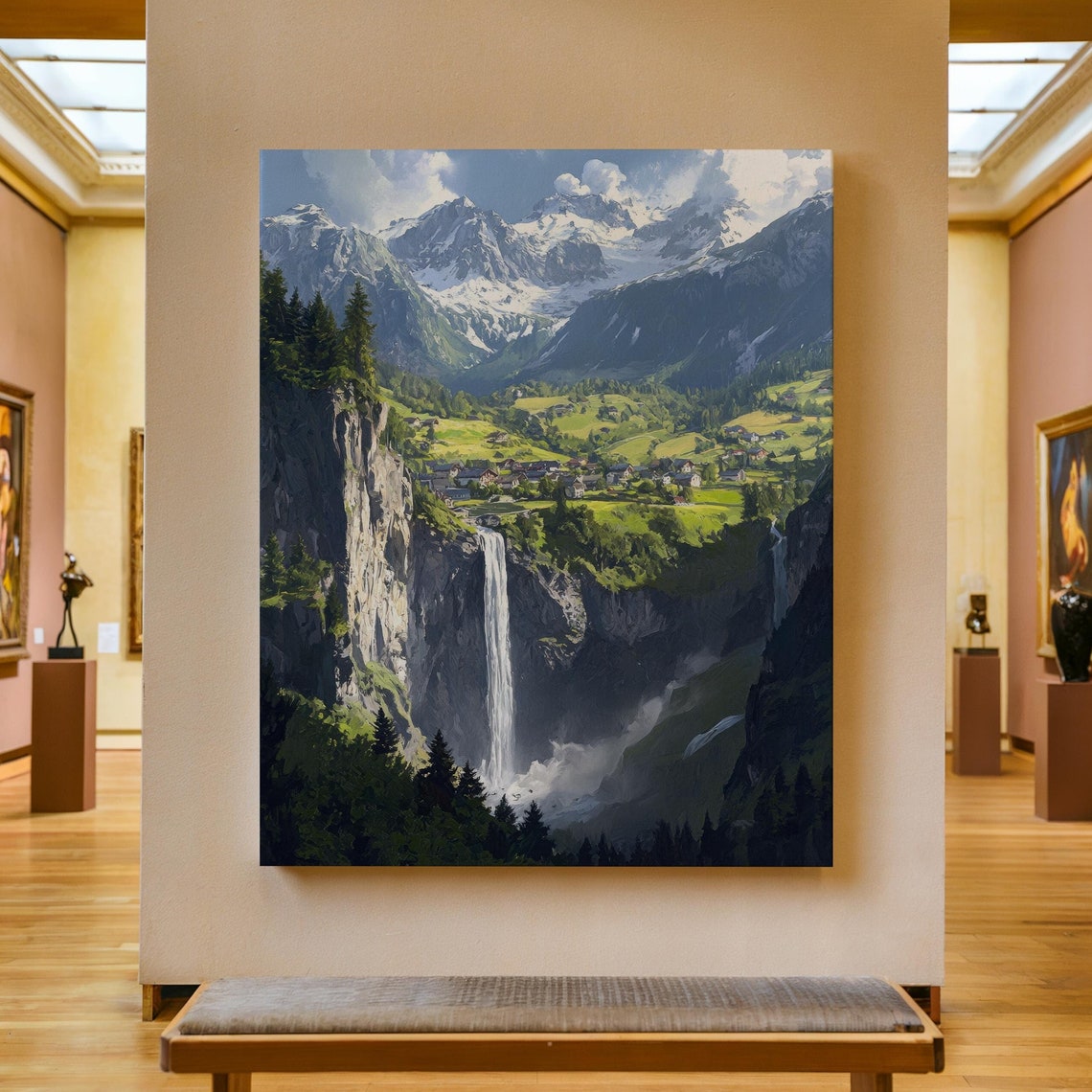 Waterfall Print Mountain Waterfall Forest Landscape Impressionist Oil Painting Nature Waterfall Wall Art Rustic Farmhouse Decor