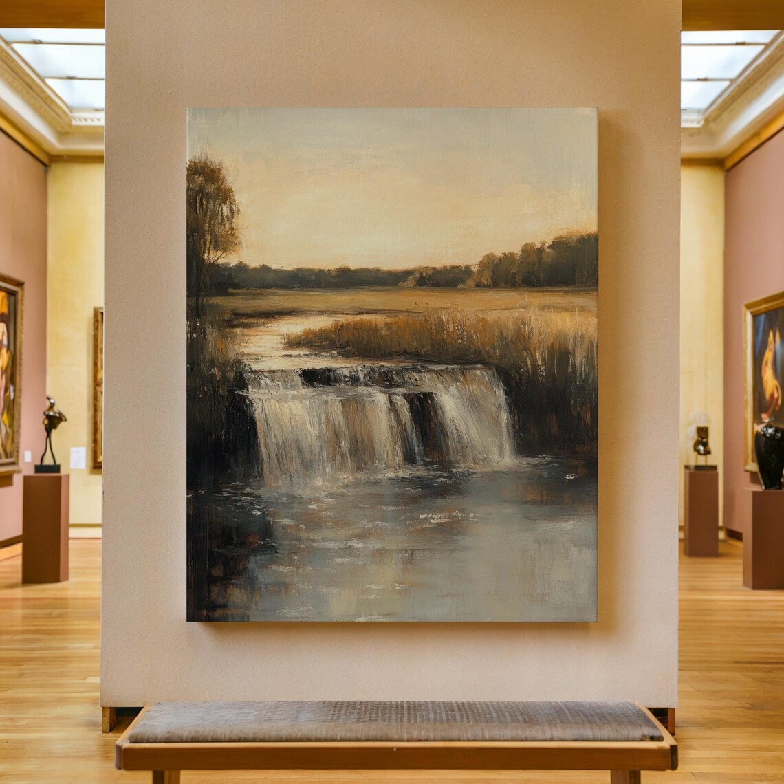 Moody Marsh Waterfall Poster in Muted Earth Tones Vintage Oil Painting