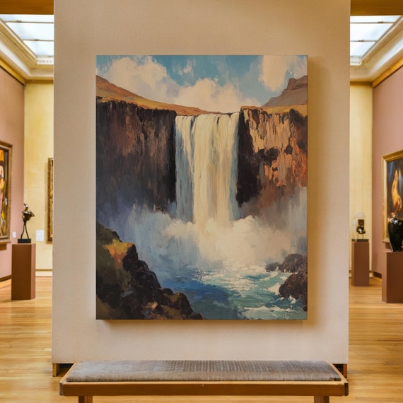 Waterfall Print Waterfall Landscape Painting Mountain Art Impressionist Waterfall Painting Nature Wall Art Farmhouse Wall Decor