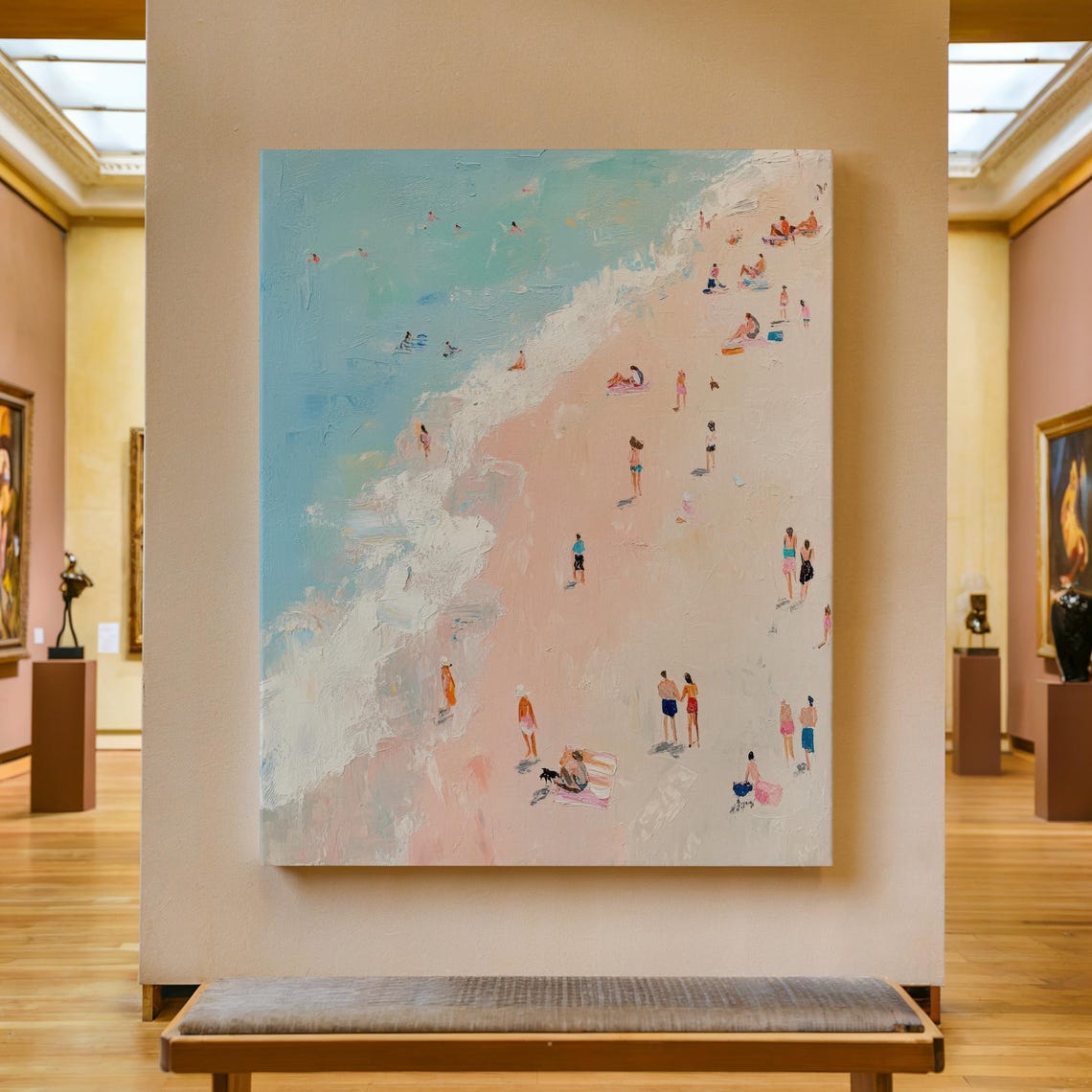 Aerial Pastel Beach Scene Tiny Figures Summer Ocean Painting Poster