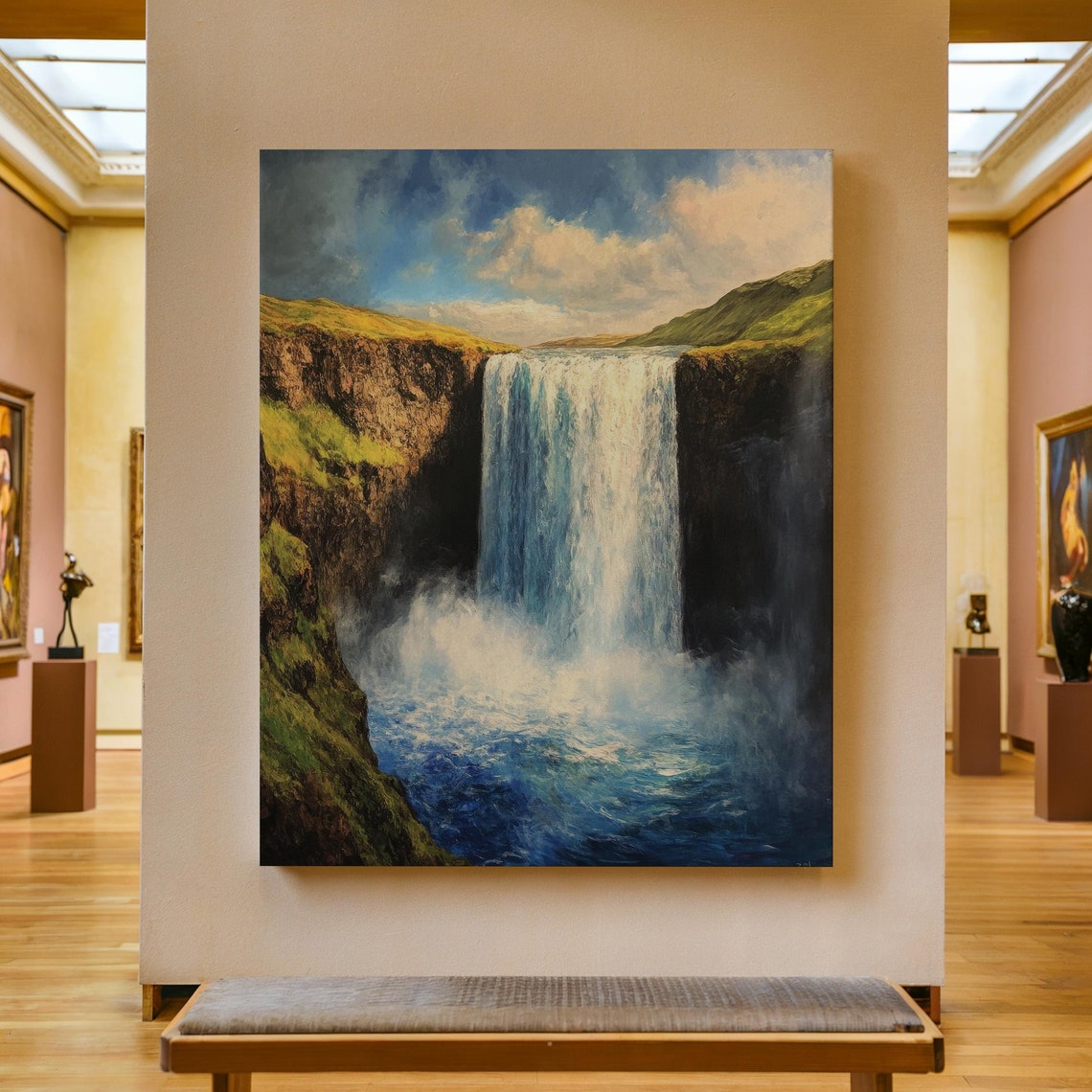 Waterfall Print Mountain Waterfall Painting Nature Wall Art Impressionist Landscape Print Rustic Farmhouse Decor River Artwork