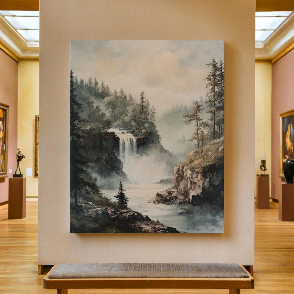 Waterfall Print Mountain Waterfall Painting Nature Wall Art Rustic Farmhouse Decor River Scene Artwork Landscape Oil Painting