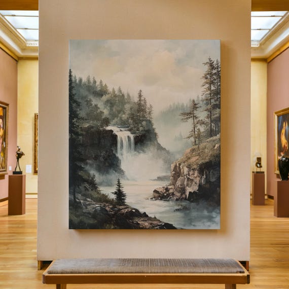 Waterfall Print Mountain Waterfall Painting Nature Wall Art Rustic Farmhouse Decor River Scene Artwork Landscape Oil Painting