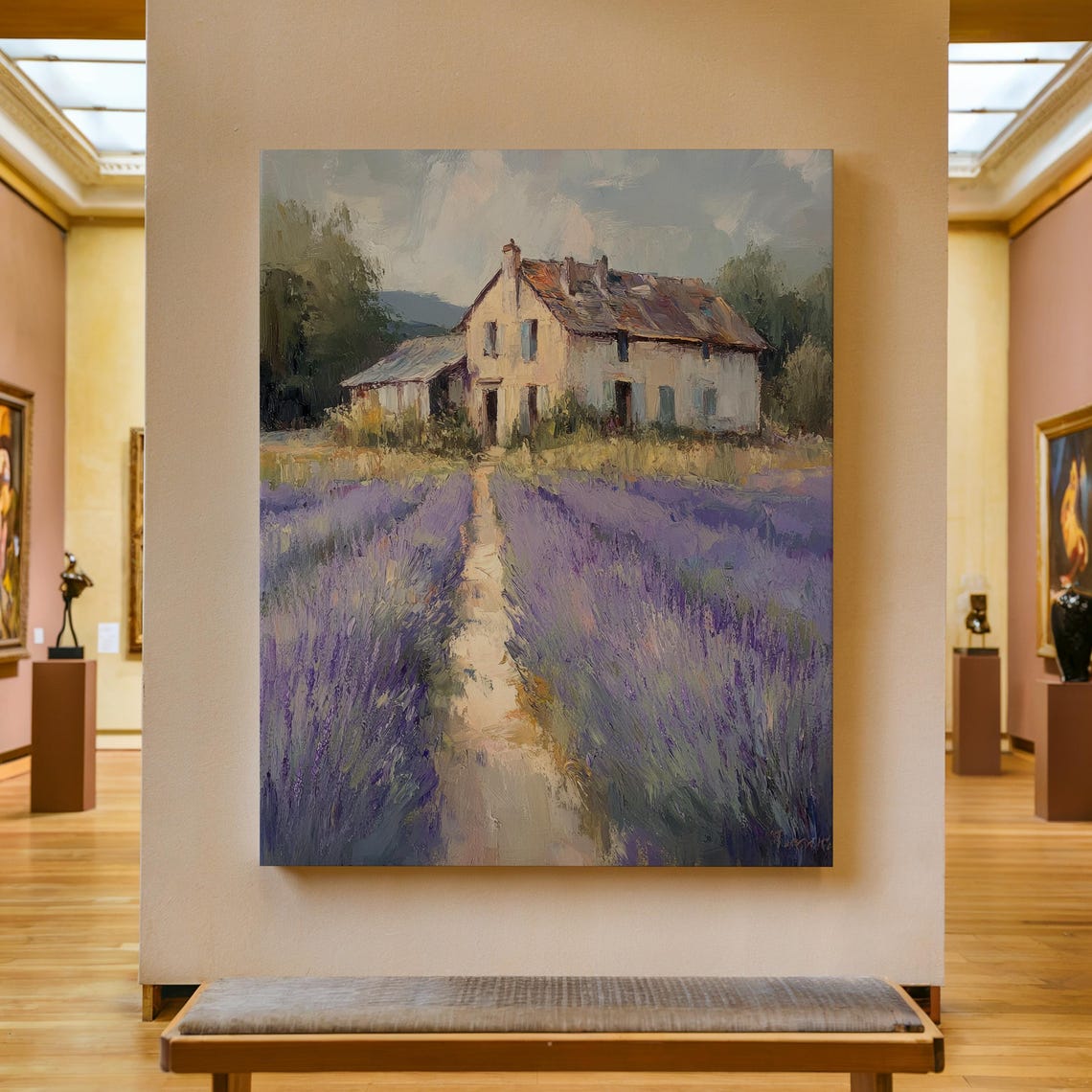Stone Cottage Poster with a Lavender Field Path in Rustic French Style