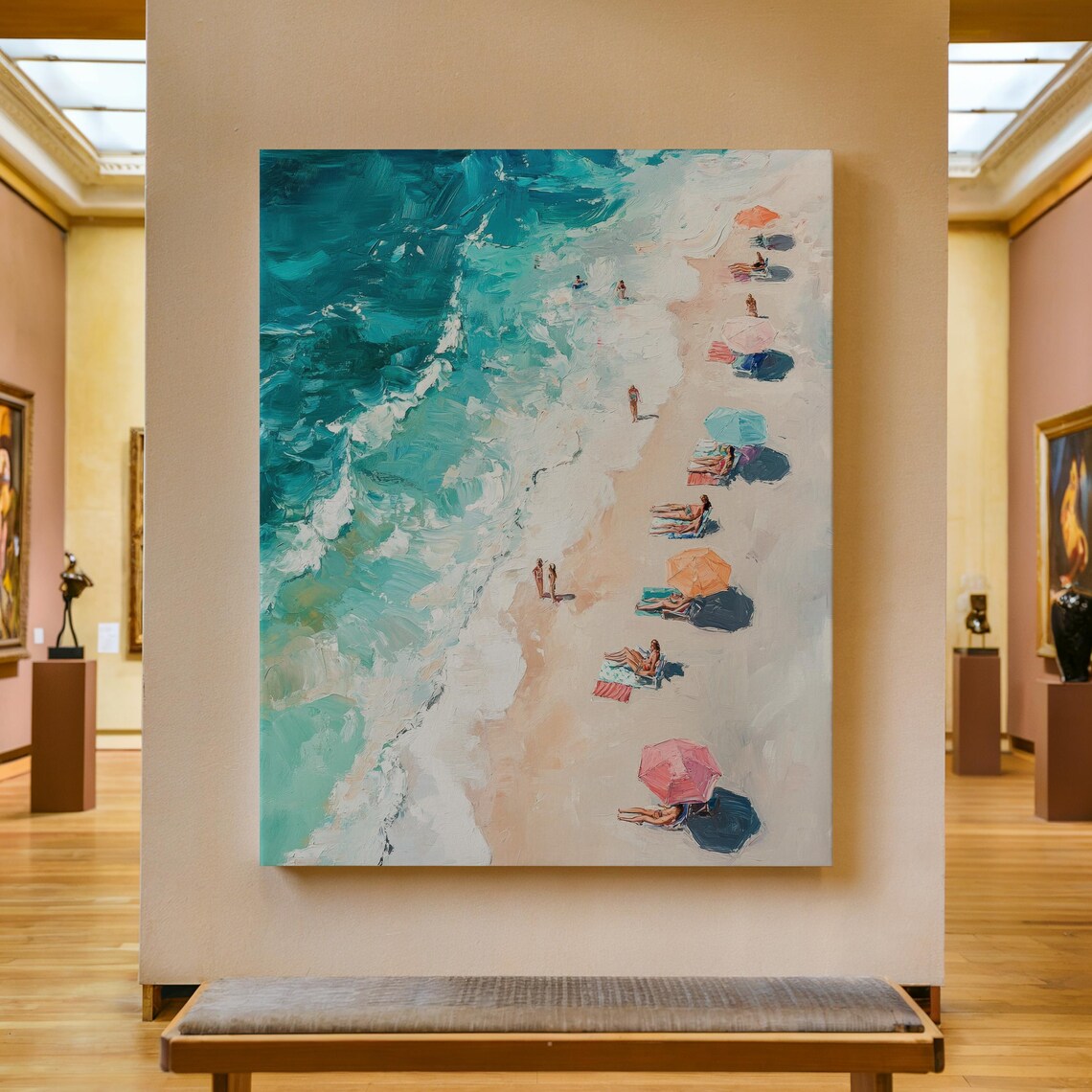 Aerial Beach Umbrellas Turquoise Ocean Waves Painting Poster
