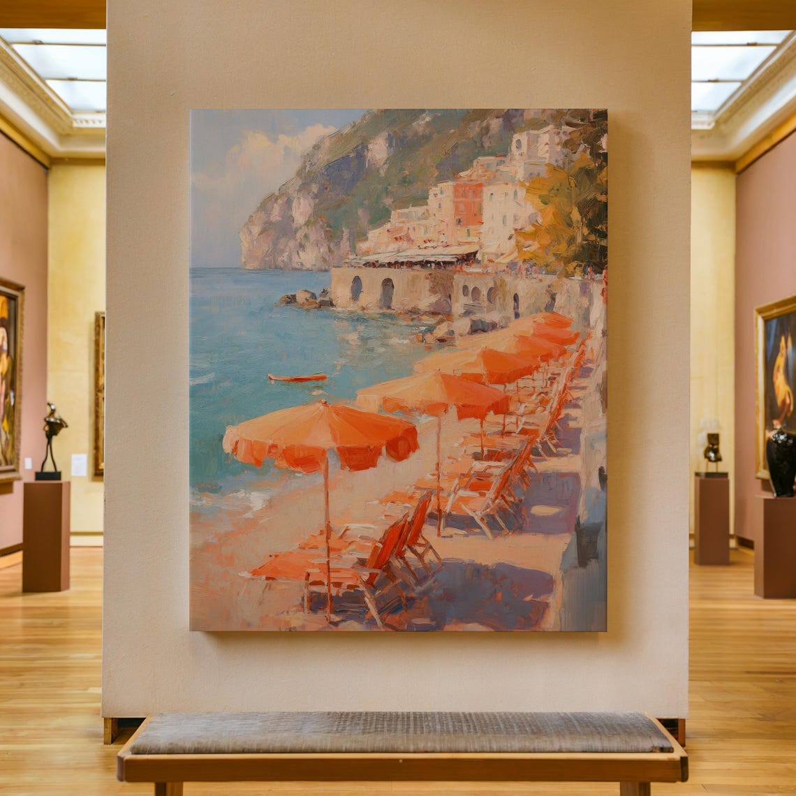 Amalfi Coast Rows of Orange Beach Umbrellas With Red Chairs Poster