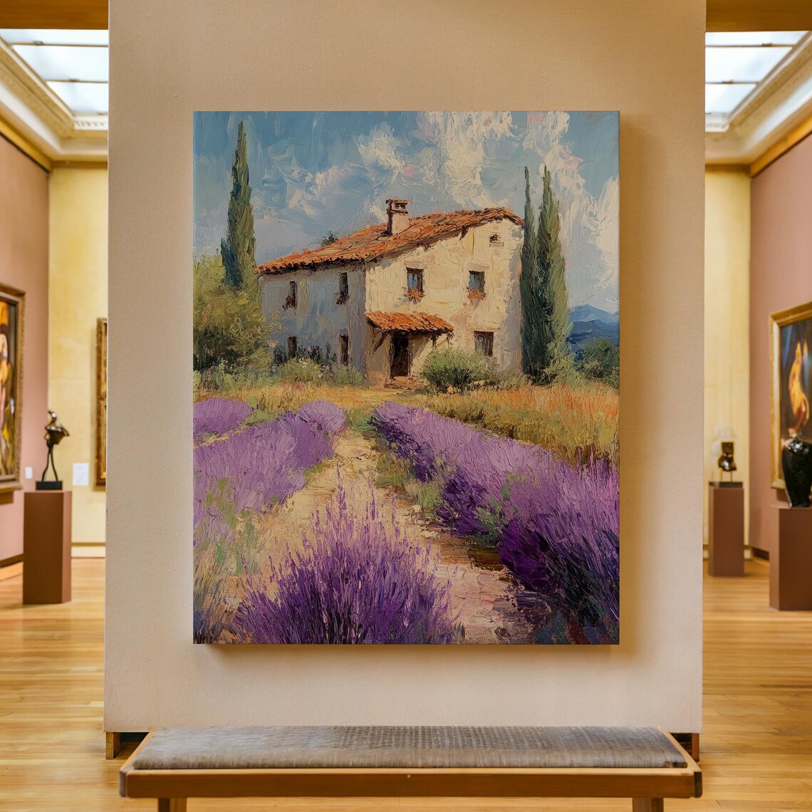 Provencal Farmhouse Poster with Terracotta Roof and Lavender Rows