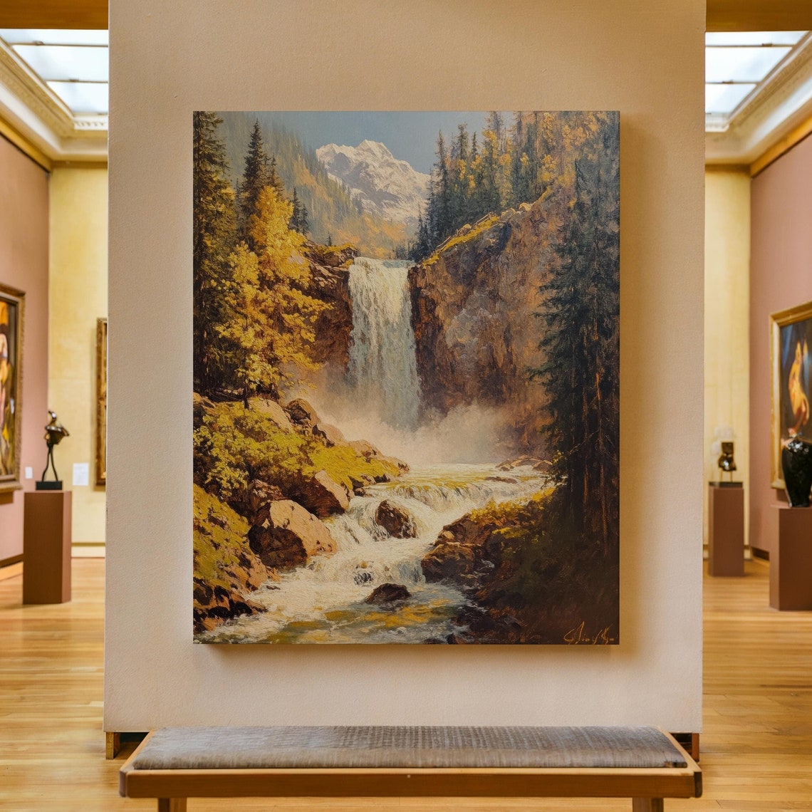 Autumn Mountain Waterfall Golden Larch Forest Landscape Poster