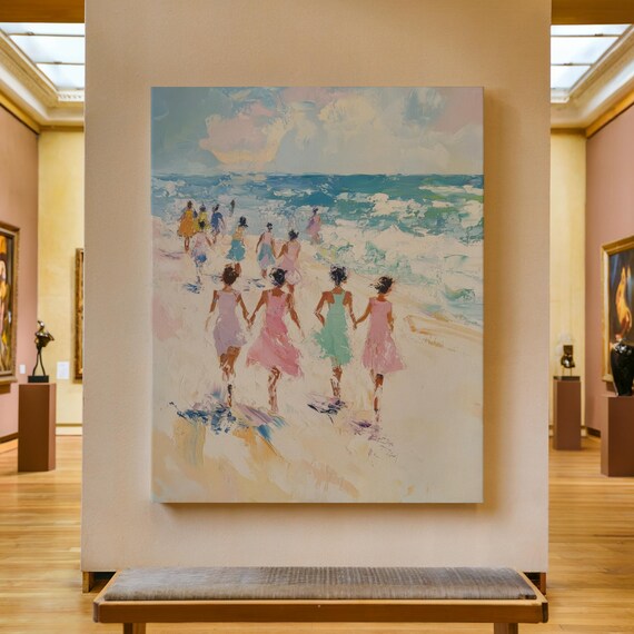 Women Walking to the Ocean Pastel Beach Friendship Painting Poster