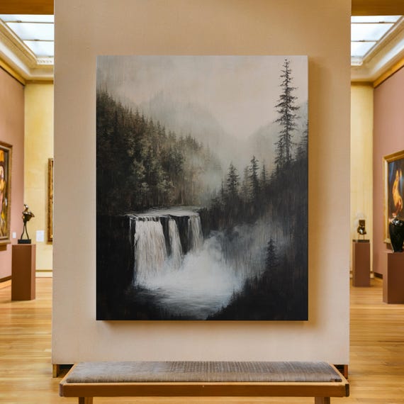 Waterfall Print Mountain Waterfall Painting Nature Wall Art Rustic Farmhouse Decor River Scene Artwork Landscape Oil Painting