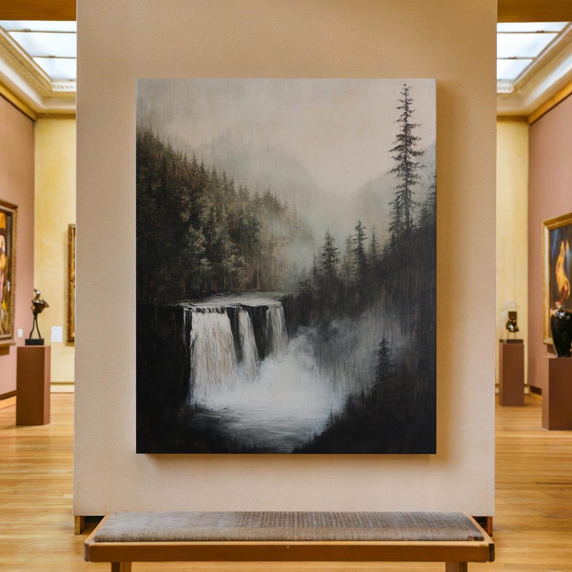 Waterfall Print Mountain Waterfall Painting Nature Wall Art Rustic Farmhouse Decor River Scene Artwork Landscape Oil Painting